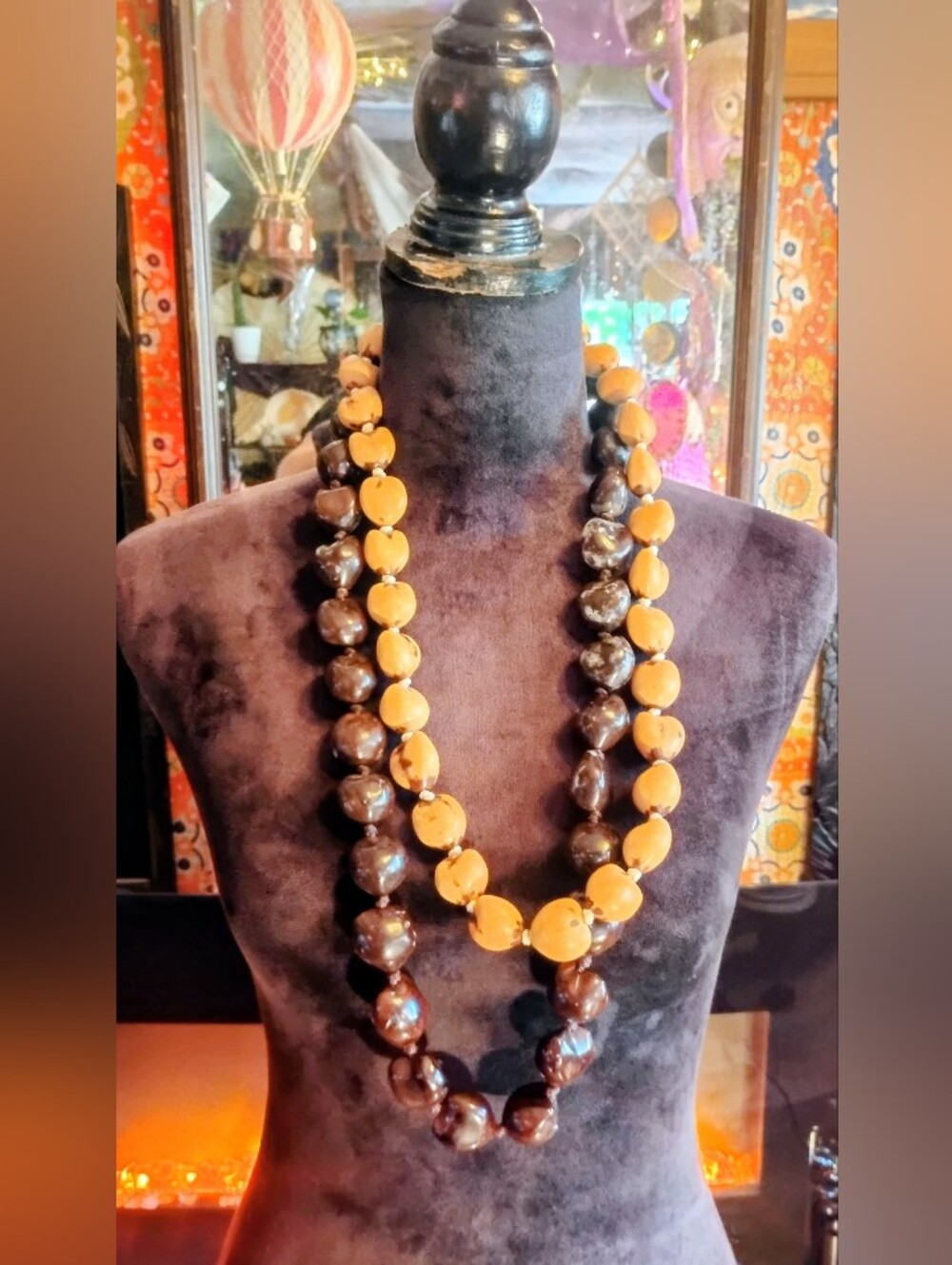 Vintage Kukui Nut Double-Strand Brown and Cream Beaded Necklace - Women Jewelry